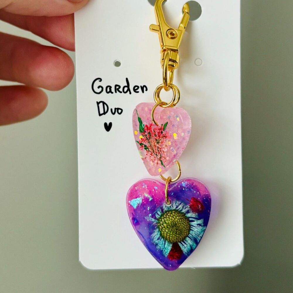 Floral Heart Keychain Bag Charm with Real Flowers, Pink Purple Resin Hearts